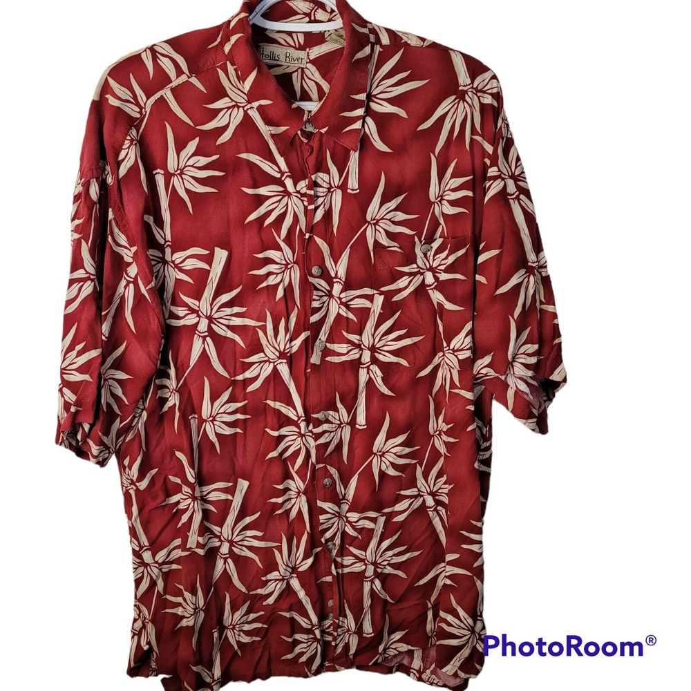 Hollis River‎ Hawaiian Red Button Up Rayon Shirt Size XL Palm Trees Tropical